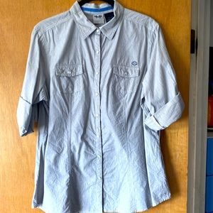 Harley Davidson blue and white striped shirt